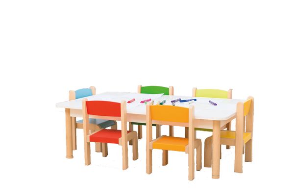 Tisch-Stuhl-Kombination mit 6 bunten Stühlen, Sitzhöhe wählbar