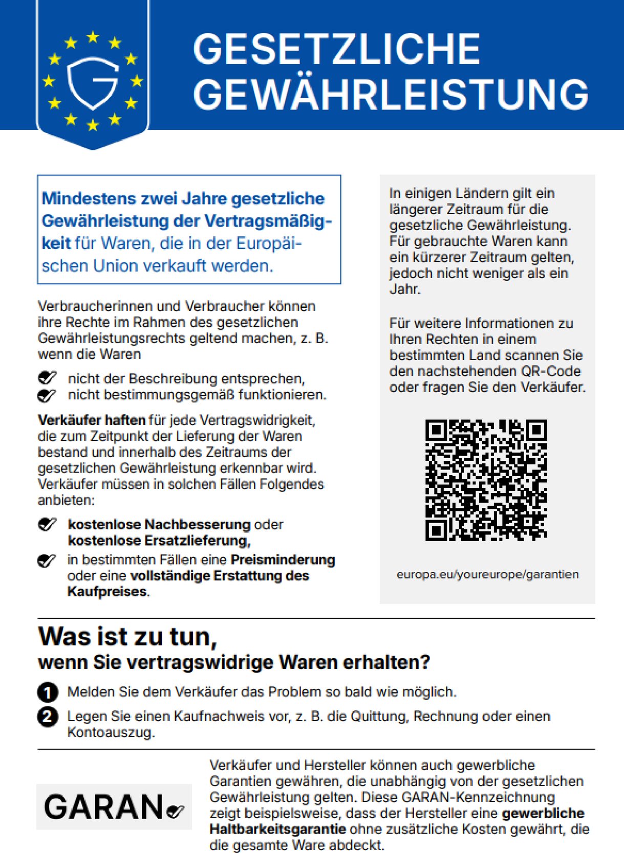 Hinweis zum gesetzlichen Gewährleistungsrecht