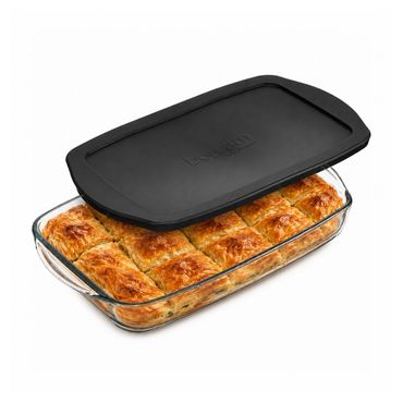 Pasabahce Borcam Bake&Keep Rechteckige Glas-Auflaufform mit Kunststoffdeckel – 1950 cc, 336 × 190 × 50 mm