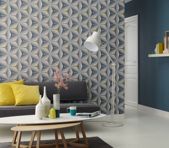 Raumbild Tapete Vlies livingwalls Move Your Wall Grafik modern grau senfgelb türkis 96042-2 960422