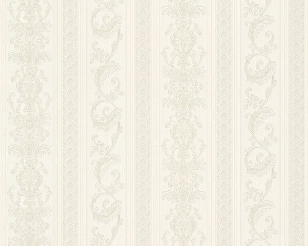 Wallpaper striped tendrils white silver gloss 33547-1