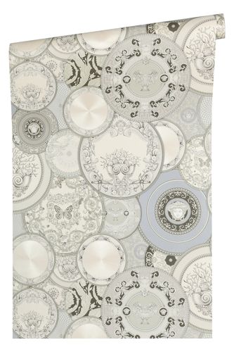 Tapetenrolle Vlies Versace Home Teller Design silberweiß grau Metallic 34901-3