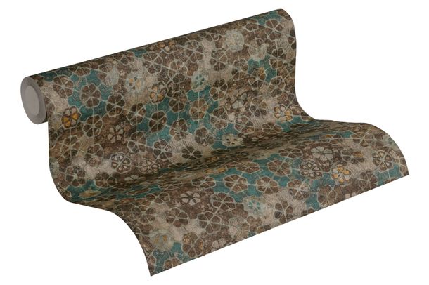 Rollenbild Tapete Vlies New Walls Kacheln Vintage türkis braun beige silber Glitzer 37391-1 | 373911 livingwalls