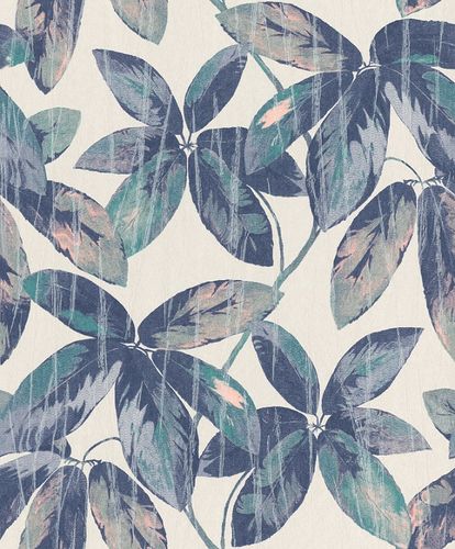 Tapete-Vlies-Vintage-Blaetter-creme-blau-Glanz-298641-63203997