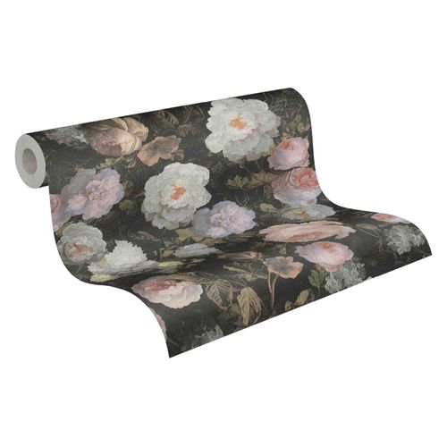 Wallpaper non-woven flowers black white green 37650-5