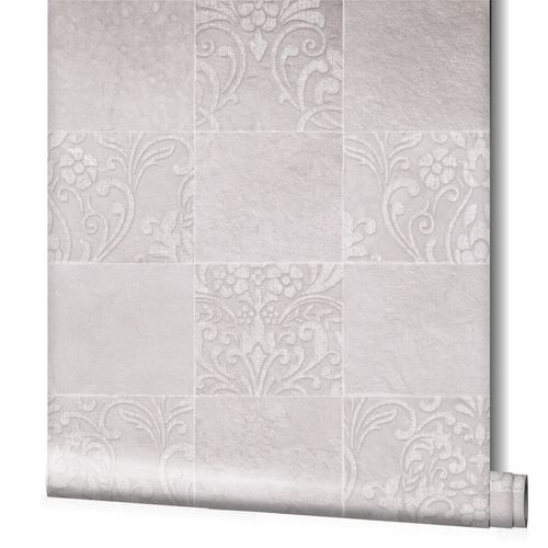 Wallpaper non-woven Kachlen Ornament Greige Weiß
