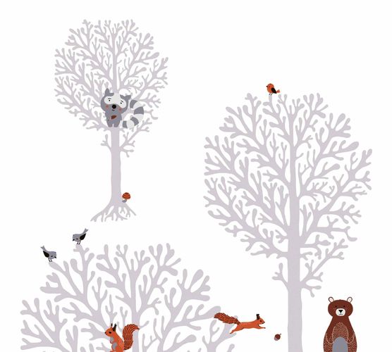 Artikelbild Vliestapete Kinder Baum Vogel Bär weiß grau 38134-1