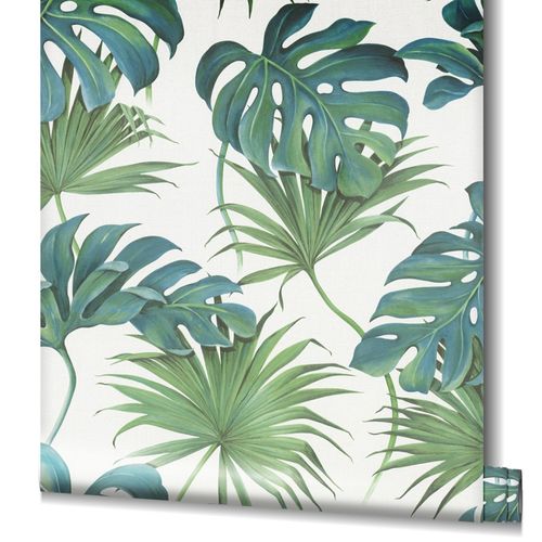 Non-Woven Wallpaper Leaves Jungle green blue white 32745