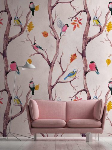 Artikelbild Fototapete Vlies Vögel Baum Ast rosa braun blau 38230-1