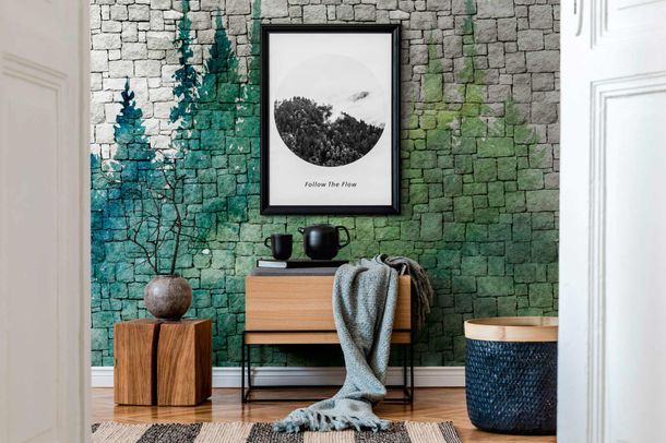 Picture Photo Wallpaper Stone Wall Forest Trees grey 38245-1