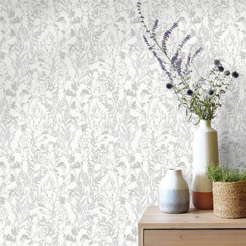 Artikelansicht Vliestapete Floral Sträucher weiß grau silber 10251-31