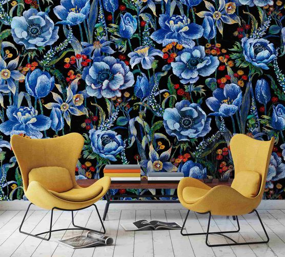 Raumbild Fototapete Floral Blumen schwarz blau Amelie Marburg