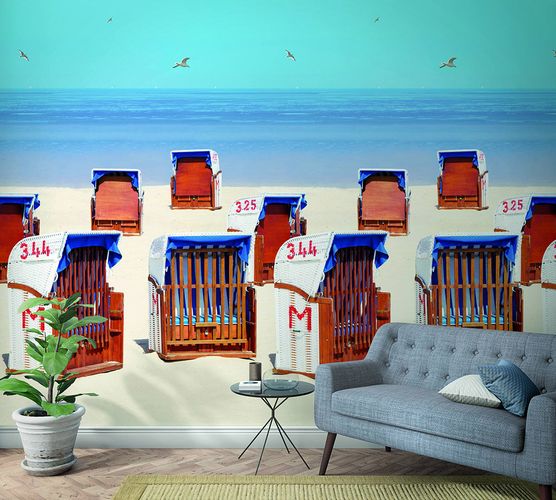 Produktbild Fototapete Vlies Strand-Körbe Meer blau braun beige 47218