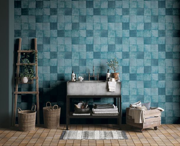 Picture Non-Woven Wallpaper Tiles blue Marburg 45728