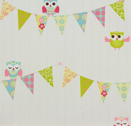 Illustration Children Wallpaper Pennant Owls white green 05585-20