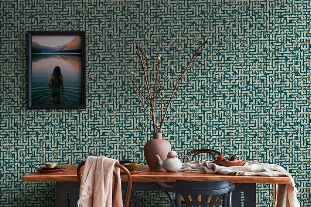 Non-Woven Wallpaper Labyrinth dark blue gold 38695-3