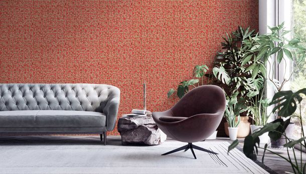 Non-Woven Wallpaper Labyrinth red gold 38695-4