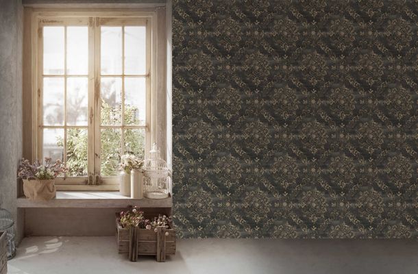 Non-Woven Wallpaper Ornaments anthracite beige 38707-4
