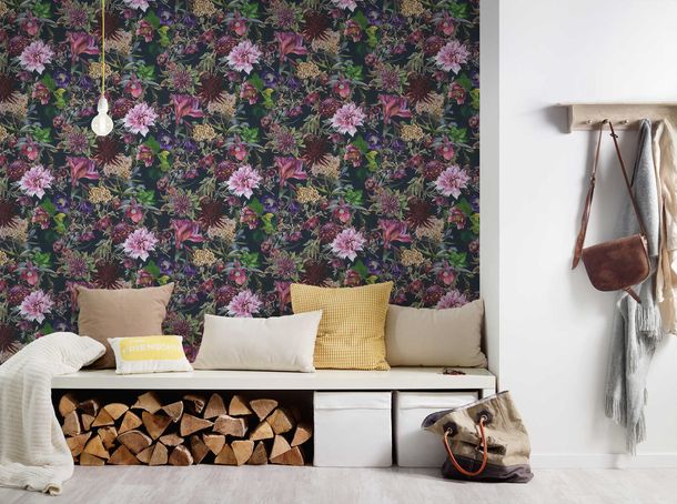 Non-Woven Wallpaper Flowers black pink 38175-6