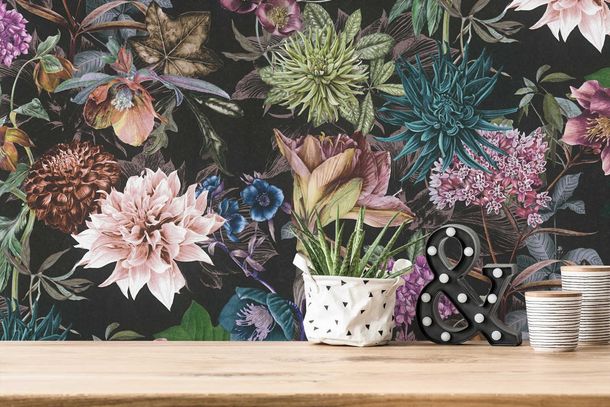 Non-Woven Wallpaper Flowers black colourful 38175-7