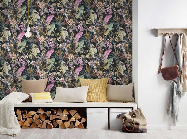 Non-Woven Wallpaper Animals Flowers black 38176-1