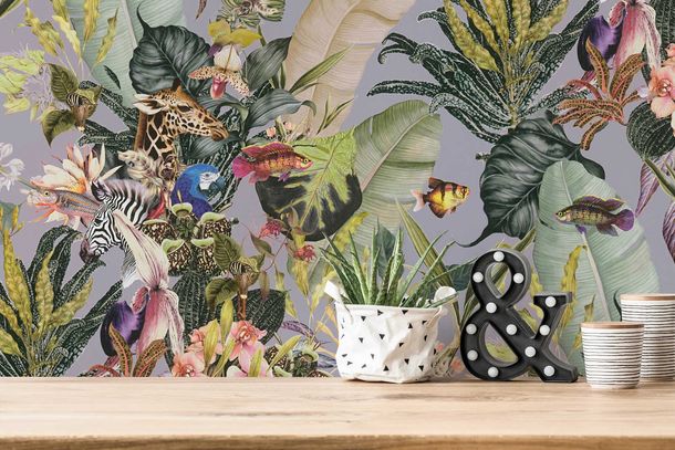 Non-Woven Wallpaper Animals Flowers grey 38176-2