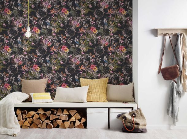Non-Woven Wallpaper Flowers Birds black 38178-1