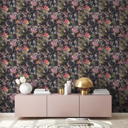 Non-Woven Wallpaper Flowers Birds black 38178-1