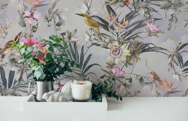 Non-Woven Wallpaper Flowers Birds grey 38178-2