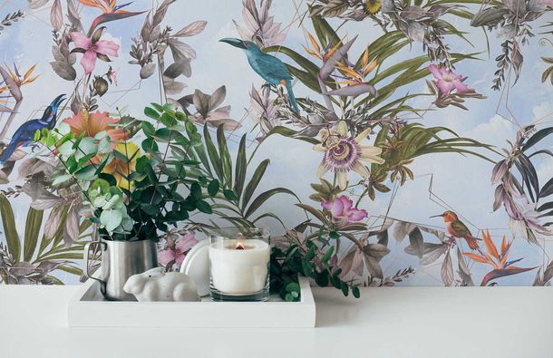 Non-Woven Wallpaper Flowers Birds blue 38178-4
