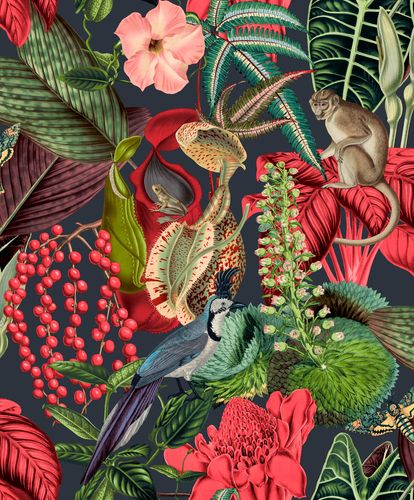 Non-Woven Wallpaper Animals Flowers Plants green red