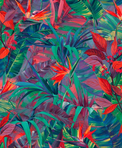 Non-woven wallpaper leaves red green purple JF2301