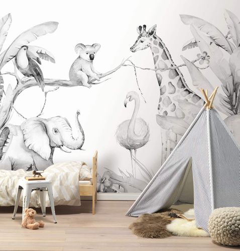 Premium wall mural forest animals gray white 253320