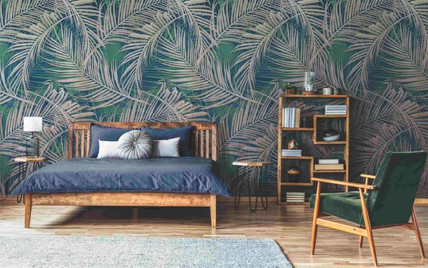 Grandeco non-woven wallpaper Tropical Leaves Green Beige