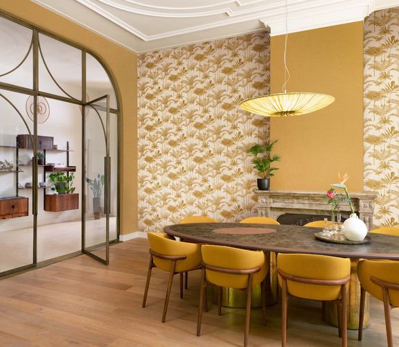 Non-woven wallpaper 555158 Rasch cream yellow palms
