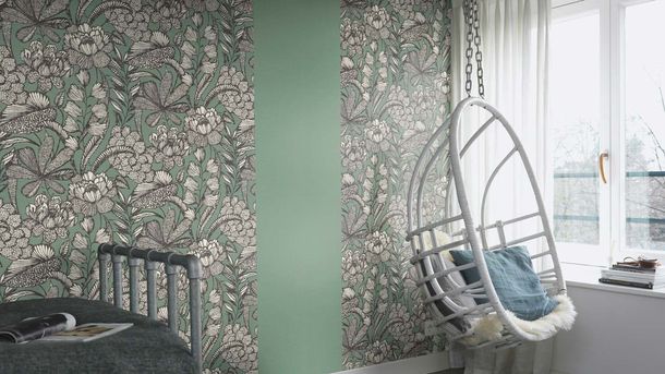 Non-woven wallpaper 555356 Rasch Green Black Floral