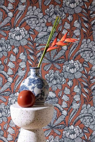 Non-woven wallpaper 555370 Rasch Orange Blue Floral