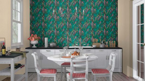Non-woven wallpaper 537352 Rasch green pink leaf pattern