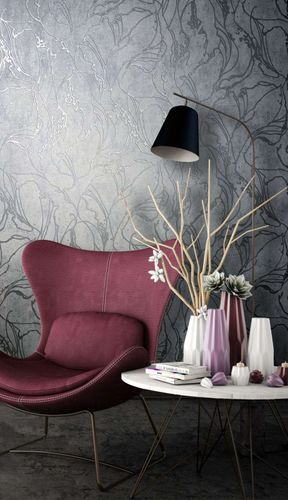 Non-woven wallpaper Marburg gray silver lines metallic 34254