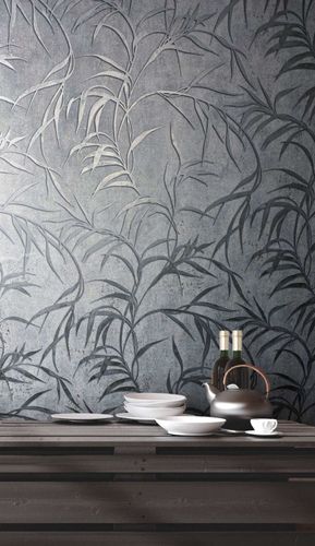 Non-woven wallpaper Marburg gray silver leaves floral 34287