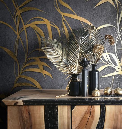 Non-woven wallpaper Marburg black gold leaves floral 34289