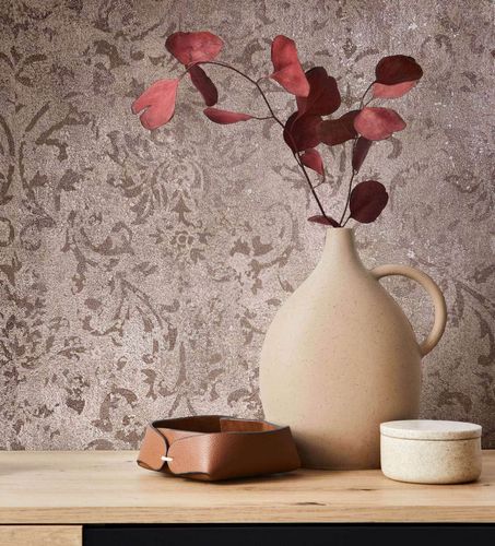 Non-woven wallpaper beige rose gold damask 34293