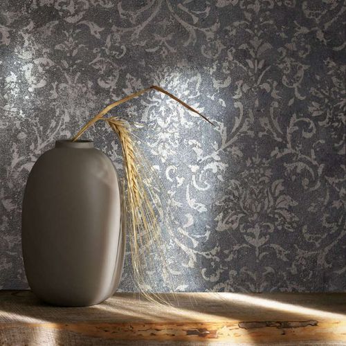 Non-woven wallpaper Marburg black silver damask motif 34296