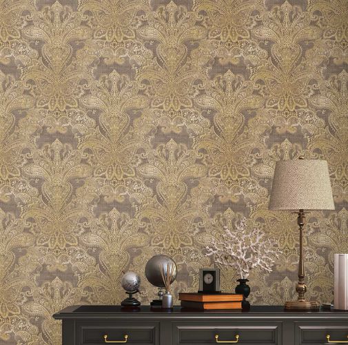 Non-woven Wallpaper Brown Gold Oriental Damask 39119-4