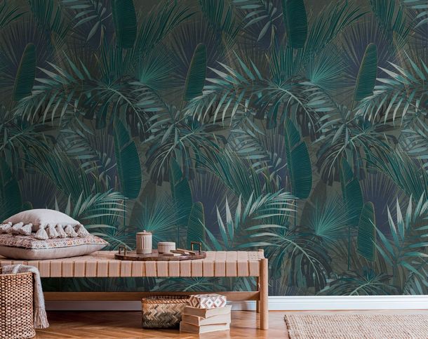 Teal Blue Jungle Palm Ferns Wall Mural 39180-3