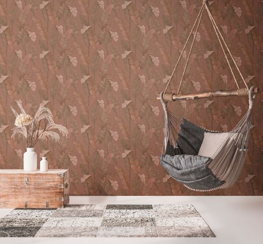 Non-woven Wallpaper brown red palm leaves 39218-1