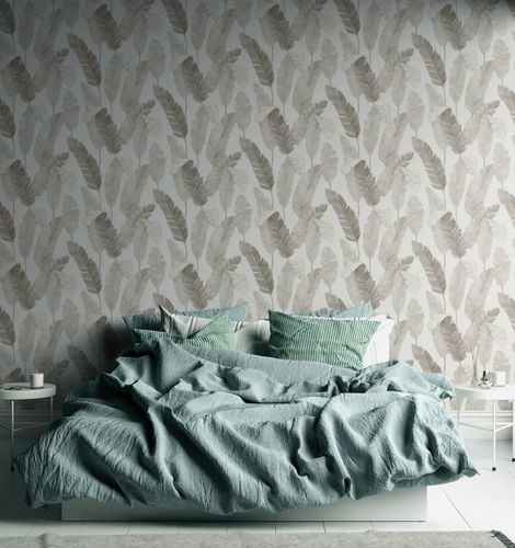 Non-woven Wallpaper white beige palm leaves 39218-5