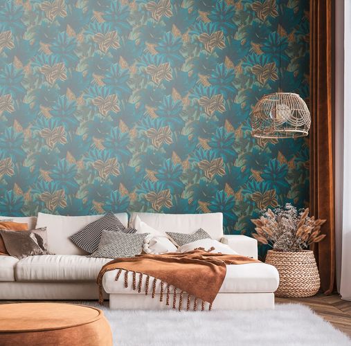 Non-woven Wallpaper blue green leaves pattern 39222-1