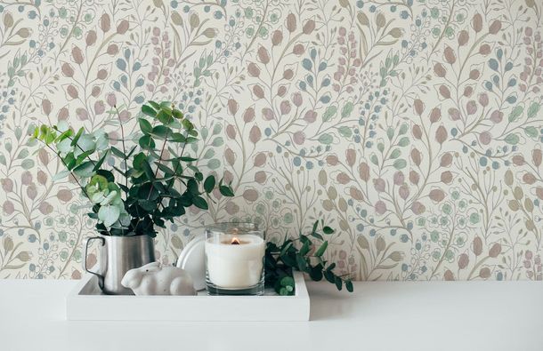 Non-woven wallpaper 38847-1 white pink metallic flowers