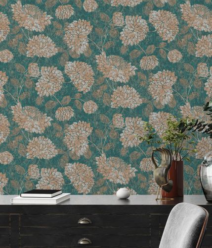 Non-woven wallpaper 39025-4 petrol bronze metallic floral